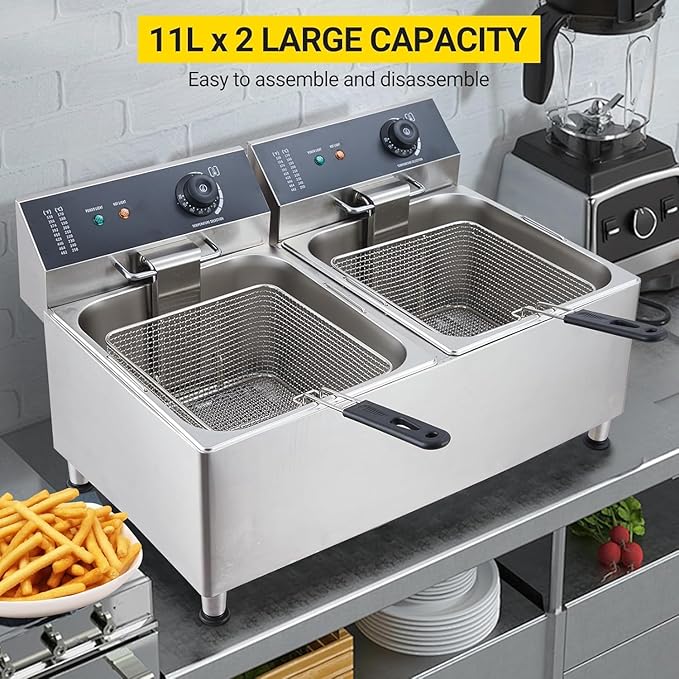 Dual 11L Commercial Deep Fryer | 304 Stainless Steel Dual Tank Design | 3400W Total Power (1700W x 2) 110V | with Extra Large Baskets & Lids for Restaurant & Food Service