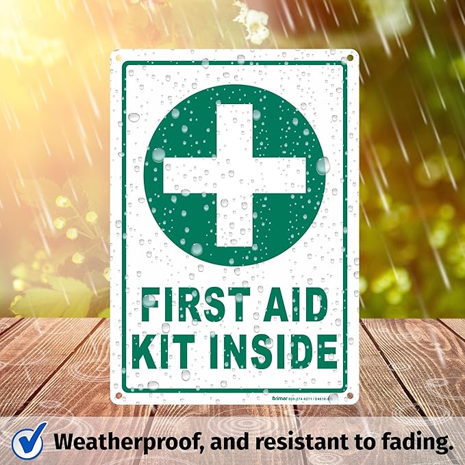 Brimar - 7" x 10" - First Aid Kit Inside Sign - Polyethylene Plastic - Bold Text And Symbol - Easy Installation
