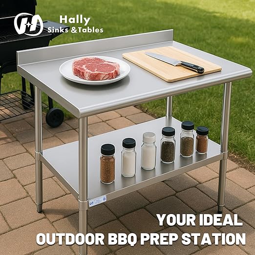 Hally Stainless Steel Table for Prep & Work 14 x 48 Inches, NSF Commercial Heavy Duty Table with Undershelf and Backsplash for Restaurant, Home and Hotel