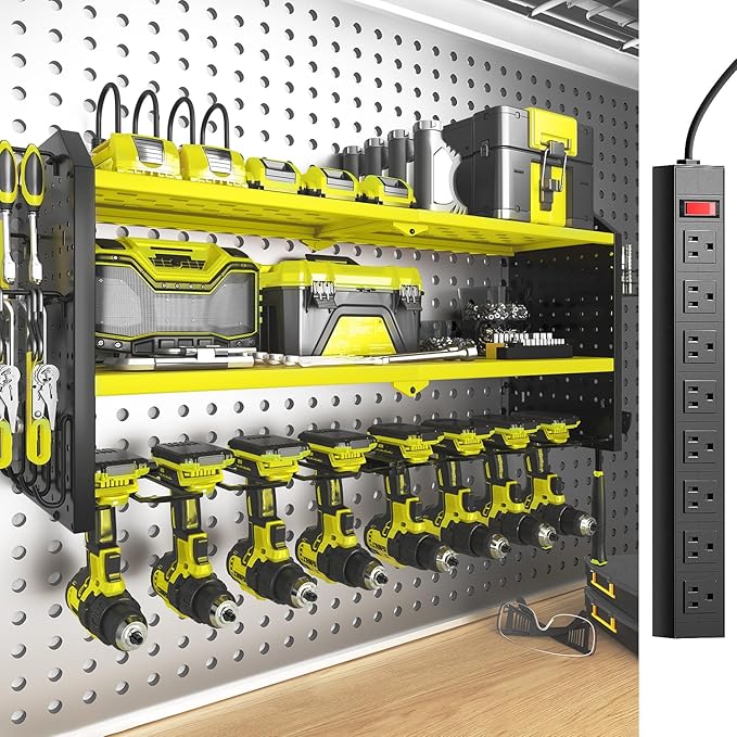 SOYEEZE Large Power Tool Organizer Wall Mount with Charging Station, 3 Layer Heavy Duty Metal Tool Storage Rack with 8 Drill Holder, Tool Holder Built in 8 Outlet Power Strip (Green)