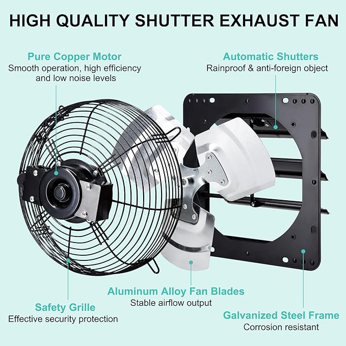 12 Inch Shutter Exhaust Fan, Wall Mount Attic Fan with Power Cord for Greenhouse, Shed, Garage, Barn, Chicken Coop Ventilation, 970 CFM, Black