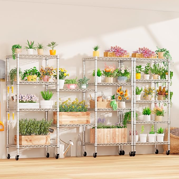 PrimeZone 4 Pack Steel Storage Wire Shelving 5 Tier Metal Shelves with Wheels,Adjustable Kitchen Utility Shelving Unit,Pantry Rack Rolling Metal Shelf Laundry,Chrome 24" Wx18 Dx75 H