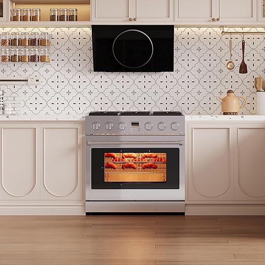 36 Inch Freestanding Dual Fuel Range Oven Stove, 6.0 Cu.Ft. Large Capacity, Professional-Grade True Convection & Self-Clean Oven, High-Powered 6 Sealed Gas Burner Cooktop, Stainless Steel