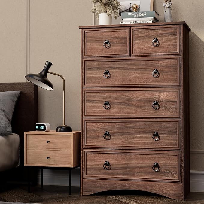 Dresser for Bedroom Tall, Mid Century Modern 6 Drawer Dresser, Cherry Wood Chest od Drawer with Large Storage for Clothes, Vintage, for Living Room, Bedroom, Hallway