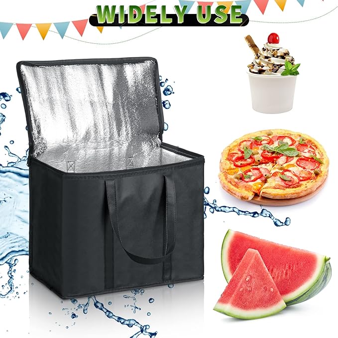 Kenning 15 Pcs Large Insulated Reusable Grocery Bags with Sturdy Zipper and Handles Foldable Washable Cooler Totes Heavy Duty Hot or Cold Food Delivery Bag for Food Transport Travel Lunch (Black)