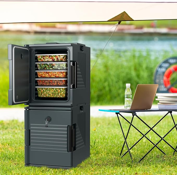 COSTWAY Insulated Food Pan Carrier, 95 Qt Hot Box Catering for 6 Full-Size Pan, Stackable Design, Fastener, Portable Front-Loading Food Warmer for Family Gathering, Buffets, Restaurant, Grey (1)