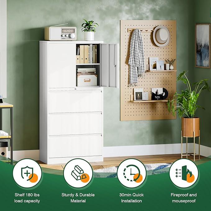 Letaya 3 Drawer Metal Storage Cabinets for Home Office,File Cabinet with Lock and 2 Adjust Shelves-Hang Filing Legal/Letter/A4/F4 Size（White）