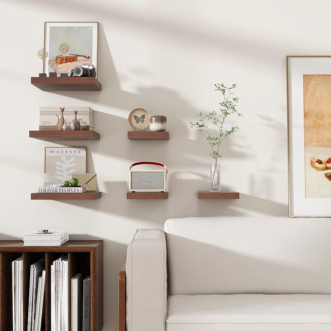 Square Floating Shelves for Wall 8"W x 8"D x 1.2"H, Small Engineered Wood Wall Shelves with Invisible Brackets for Living Room Bedroom Bathroom Office Kitchen Storage & Decor, Walnut Finish, Set of 3