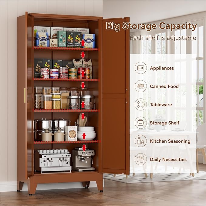 Brown Metal Storage Cabinet,71" Tall Farmhouse Storage Cabinets with 2 Morden Rhombus Doors and 4 Adjustable Shelves, Rustic Freestanding Cupboard for Kitchen,Home Office Living Room,Dining Room