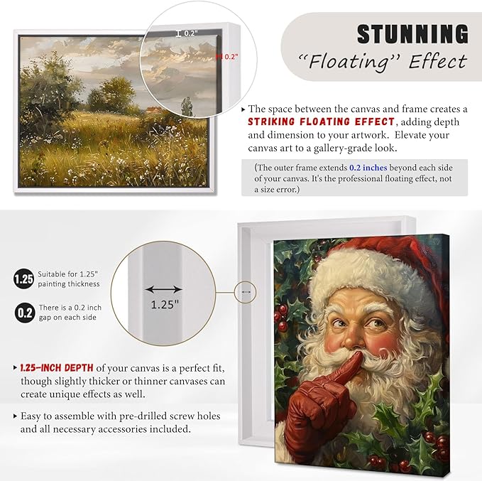 Canvas Floater Frame for Paintings, Fits Up to 1.25" Deep Canvas, DIY Floating Picture Frame for Canvas Prints, Wall Art Frame for Modern Home Deor Studio Display Gallery Hanging (White,8"L x 10"W)