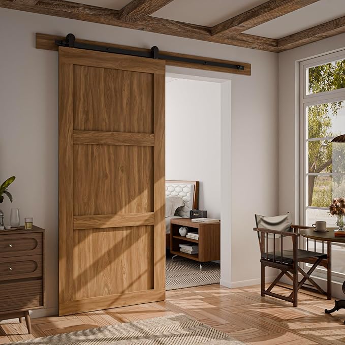CCJH 7FT Sliding Barn Door Hardware Kit, Heavy Duty, Smoothly and Silently, Easy to Install, Fit 42" Width Single Door Panel, T-Shaped Style Black