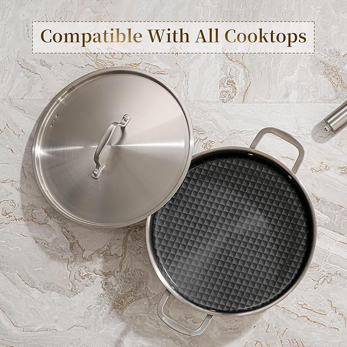DELARLO Tri-Ply Stainless Steel Braiser Pan with Lid 5 Quart Nonstick Induction Rondeau Cooking Pot 12inch Deep Frying Pan Large Saute Pan Heavy Duty,Dishwasher and Oven Safe to 550℉