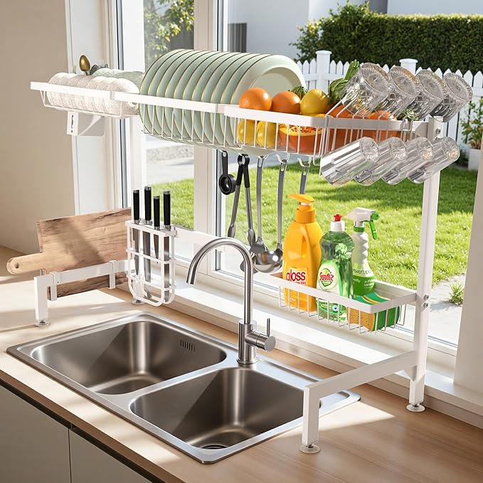HOTEAGLE Over The Sink Dish Drying Rack 2 Tier Large Extensible Dish Drainer Rack Kitchen Sink Organizer, 25.6"-39.4" L x 12.4" W x 20.5" H, White