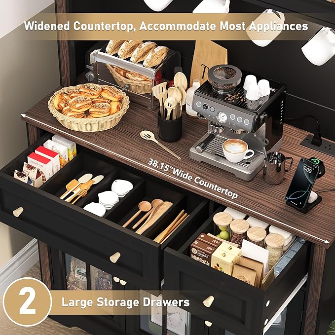 70" Kitchen Pantry Cabinet with Power Outlet| LED Lights, 38" W Kitchen Hutch Storage Cabinet with Countertop, Tall Kitchens Hutch Cabinets for Home Dining Living Room, Black