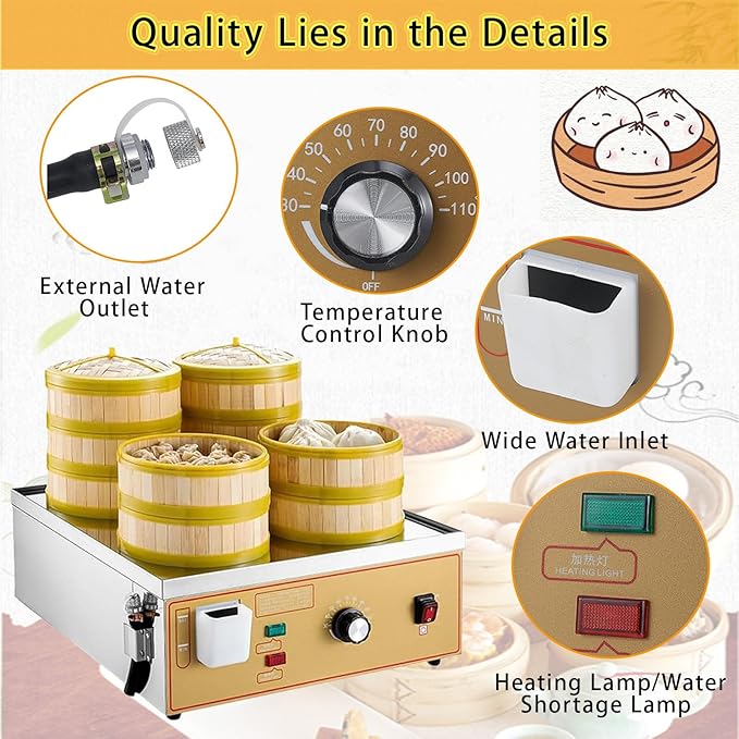 Commercial Electric Dim Sum Steamer,Two/Four/Six-Hole Electric Steamer,with Dry Burning Alarm + Independent Water Supply,for Cooking 6Holes