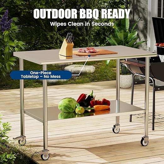 Stainless Steel Work Table with Wheels, 30x60 Inch NSF Kitchen Prep Table with Adjustable Undershelf for Commercial Restaurant, Garage, Outdoor BBQ