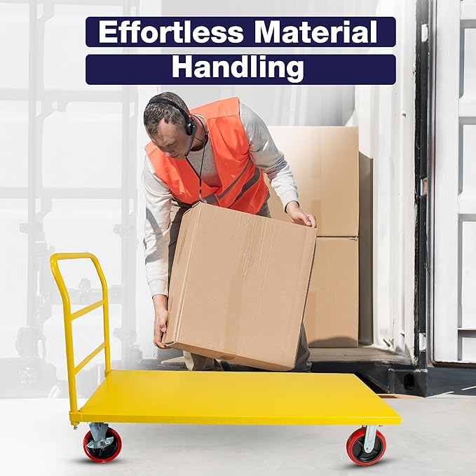 Platform Cart Industrial Dolly Cart 3300LB Heavy Duty 60” x 30” Platform Hand Truck Push Cart Super Heavy Duty Diamond Plate Commercial Flatbed Cart 8'' Moving Swivel Wheels (Yellow)