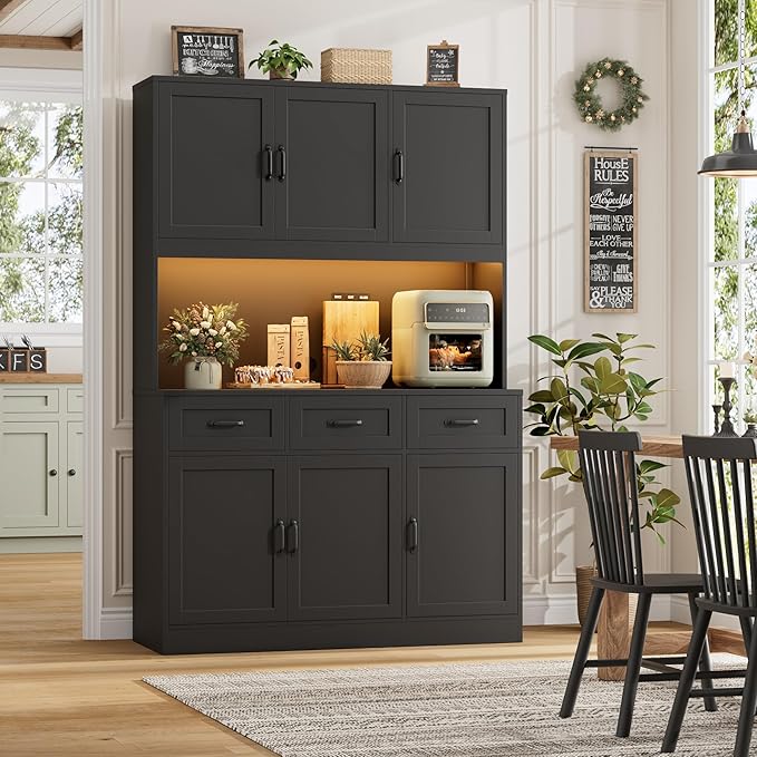 HOSTACK 72" Tall Kitchen Pantry Cabinet with Charging Station | LED Lights, 47" W Kitchen Pantry Storage Cabinet with Countertop, Modern Kitchens Hutch Cabinets with Storage for Dining Room, Black