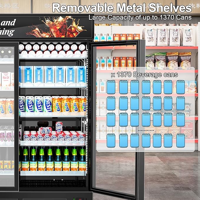 Tylza Commercial Refrigerator, Double Glass Door Display Beverage Fridge, 26.49 Cu Ft Upright Beverage Cooler Merchandiser with Replaceable Advertising Light Board, Rebound Door, Fast Cooling, Black