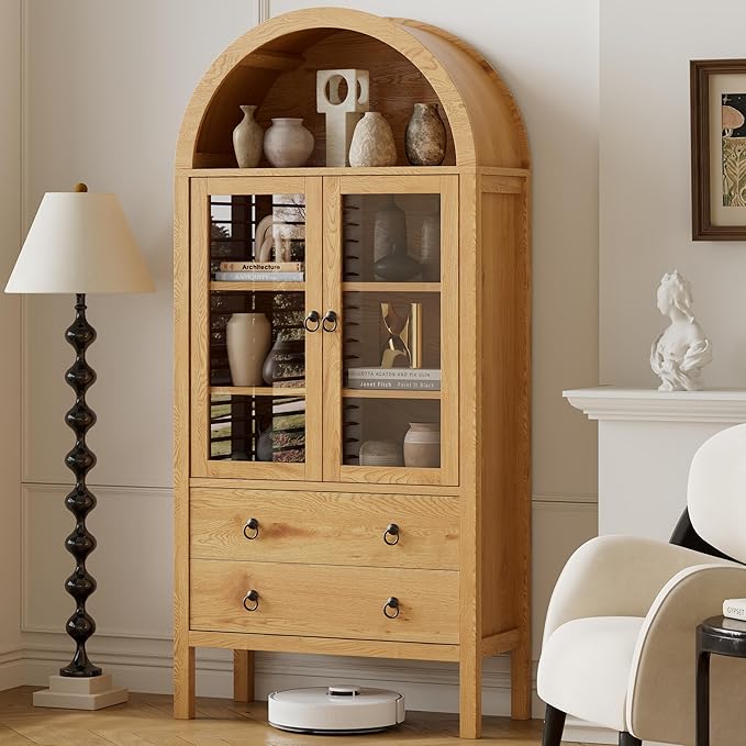 71'' Tall Arched Cabinet, Farmhouse Arched Kitchen Pantry with Doors, Arch Storage Cabinet Display Bookcase with 2 Large Drawers and Adjustable Shelves, Versatile Cupboard for Living Room