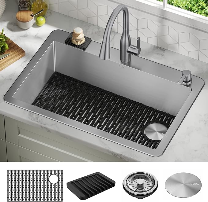 DELTA FAUCET Delta Marca 33 inch Drop-In Undermount Stainless Steel Single Bowl Kitchen Sink with Accessories