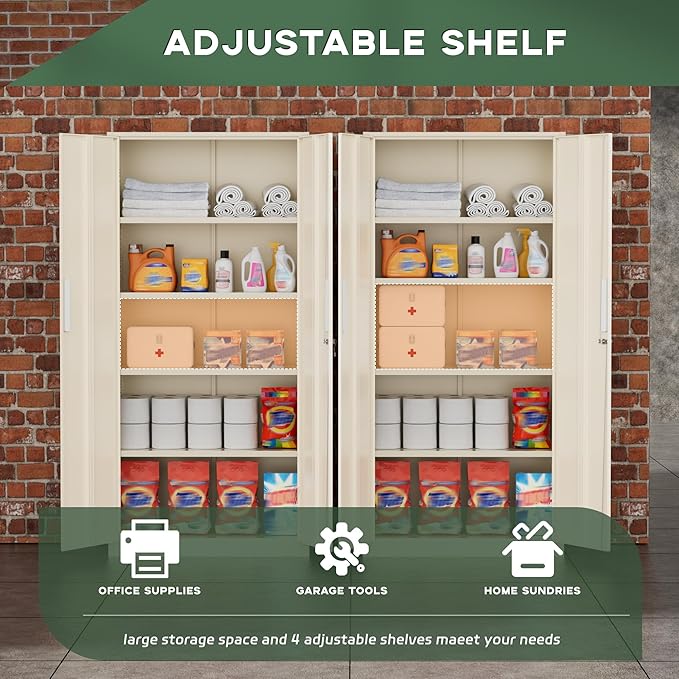 Greenvelly Metal Storage Cabinet, 72" Locking Metal Garage Storage Cabinet with Doors and 4 Adjustable Shelves, Lockable Steel Cabinet for Home Office, Garage, Shop, School (Grey 32" W x 16" D)