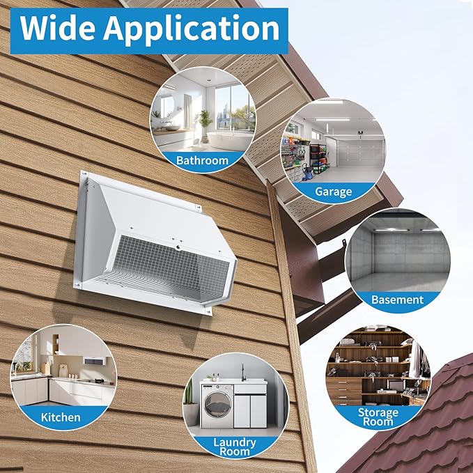 8 Inch Hooded Wall Vent with Screen and Damper,Wall Exhaust Vent Cover Cap,Dryer Vent Cover Outside,External Extractor Wall Vent Hood for House Kitchen Range Hood Air Ventilation White
