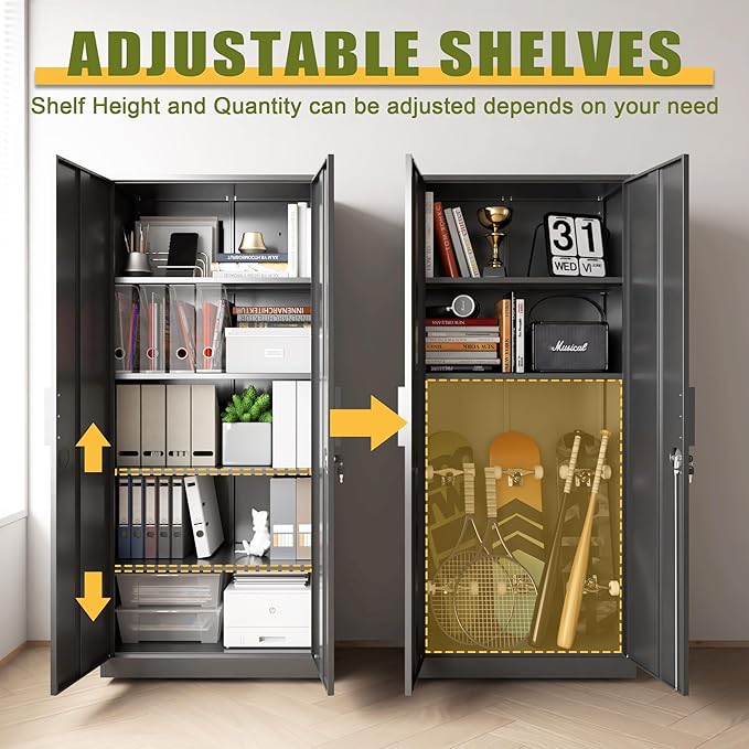 71" H Metal Garage Storage Cabinets, Locking Cabinet with Doors and Shelves, Kitchen Pantry Cabinet, Metal Storage Cabinet for Home/Office/Warehouse, Black