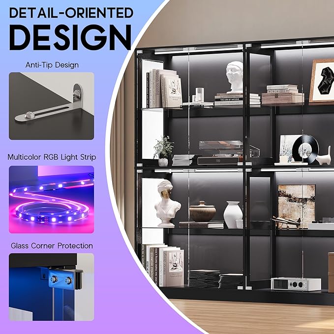 AMERLIFE RGB Display Cabinet with Adjustable Glass Shelves, 4-Tier Storage Case with LED Lights & Press-to-Open Doors, Modern Display Shelf for Collectibles, 70" H×75" L×16" D