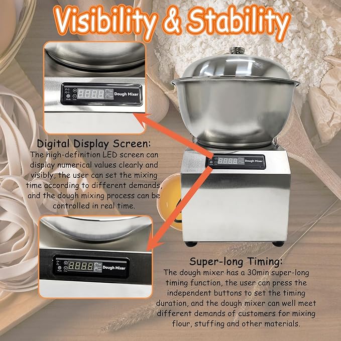 8KG/18LB Commercial Dough Mixer, 110V Electric Dough Kneading Machine with Removable Stainless Steel Bowl, 30-Min Timer & Bidirectional Mixing for Baking Bread, Pizza, Pasta