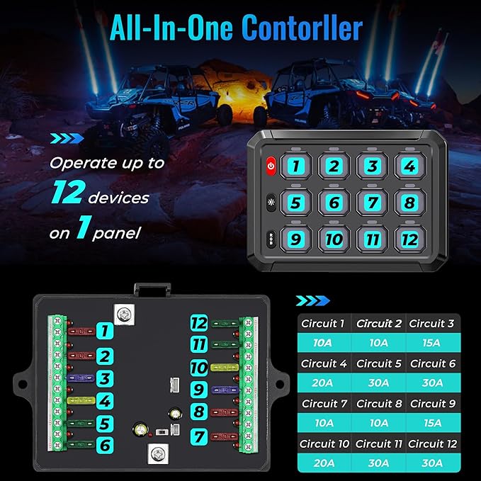 RGB 12 Gang Switch Panel,12-24V Bluetooth APP 230FT 433M Long Range, Auxiliary Backlit Off Toggle Flash Multifunction Toggle Switch Momentary Circuit Control Relay System Box Universal for Car
