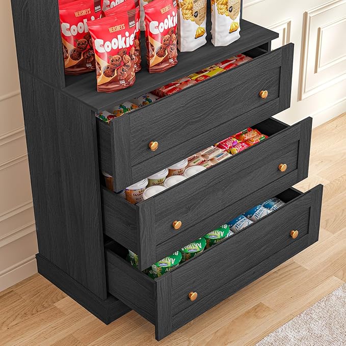 71" Tall Farmhouse Kitchen Pantry, Large Freestanding Storage Cabinet with Drawers, Coffee Bar Hutch with Microwave Stand and Adjustable Shelves for Kitchen and Living Room, Black, Set of 2