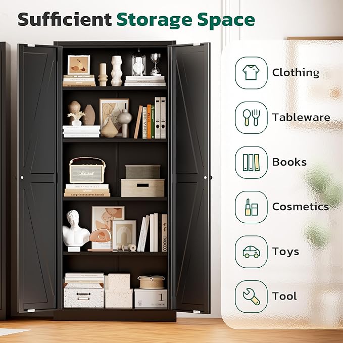 Greenvelly Metal Cabinet, 63" H Black Metal Storage Cabinet with Doors and 4 Shelves, Pantry Storage Cabinet for Kitchen, Bedroom, Living Room, Office (Farmhouse)