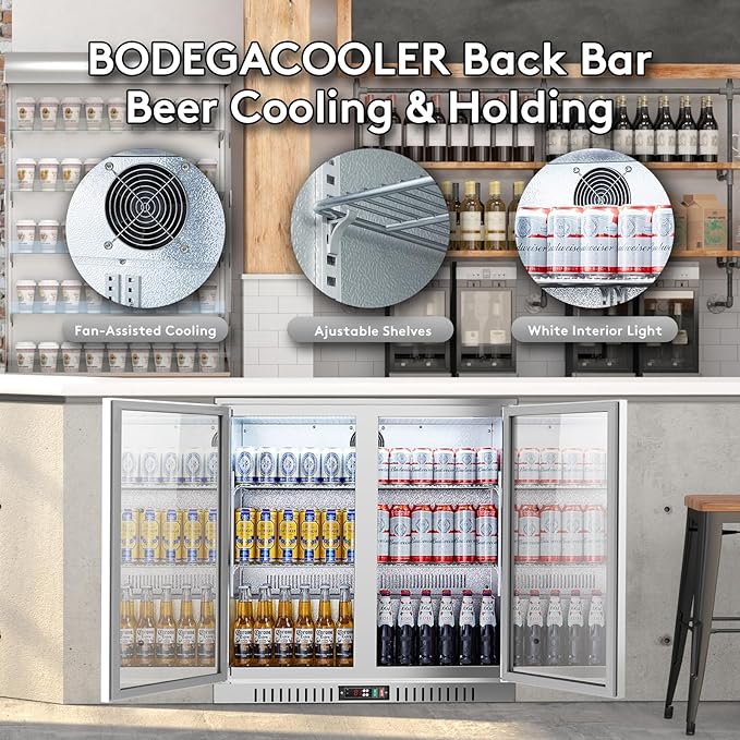 BODEGA BODEGACOOLER Back Bar Cooler With 2 Glass Doors,7.4 Cu.Ft Stainless Steel Commercial Back Bar Fridgewith LED Lighting, Counter Height Bar Beverage Cooler for Beer,Soda Drinks,Wine