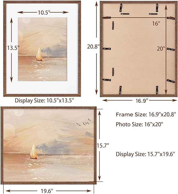 Fun Memories 16x20 Picture Frame for Wall, Real Oak Wood Frames 16 by 20, 16x20 Frame Matted to 11x14, Tempered Glass, 16 x 20 Wood Frame, 16"x20" Poster Frame, Walnut Color, 1 Pack