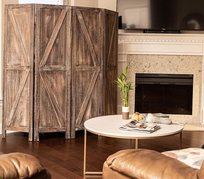 Premium Home 4-Panel Room Divider – Rustic Brown Barn Door, K Pattern Folding Privacy Screen, Partition Wall