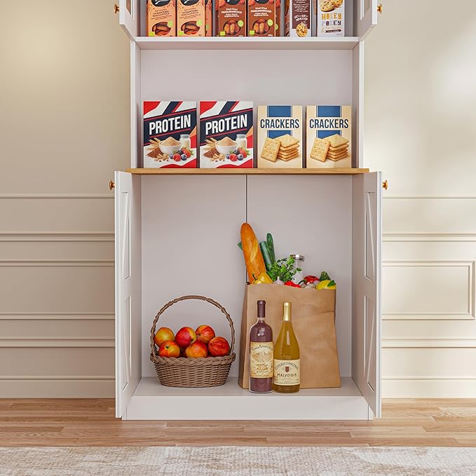 Vyre 71" Farmhouse Kitchen Pantry Cabinet Set of 3, White Freestanding Coffee Bar Hutch with Glass Doors & Adjustable Shelves, Large Storage Cabinet with Microwave Stand for Living Room & Kitchen