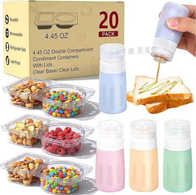 16Set Double Compartment Snack Containers with Lids,Snack Pack Containers for Kids & Adults, 4pcs Silicone Condiment Squeeze Bottles,Leakproof Sauces Container, Salad Dressing Container