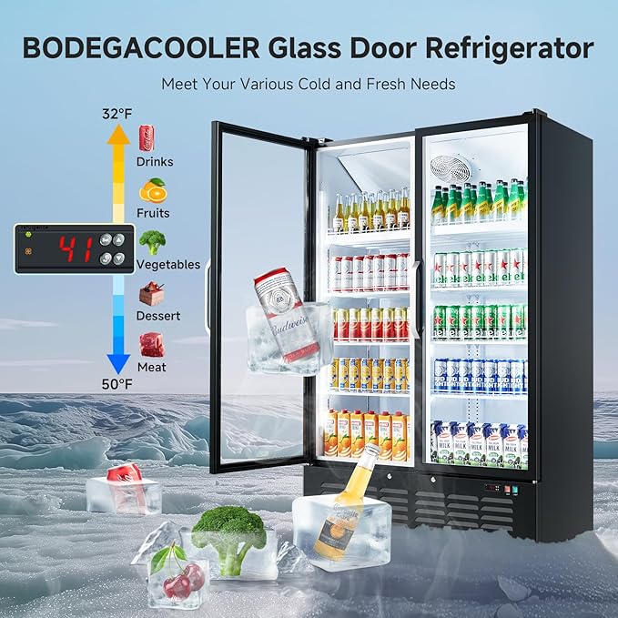 BODEGACOOLER Commercial Merchandiser Refrigerator, 36.8 Cu.Ft Upright Display Beverage Cooler, 2 Glass Door Display Refrigerator with Soft LED Light, Adjustable Shelves, 4 Strong Castors(Black)