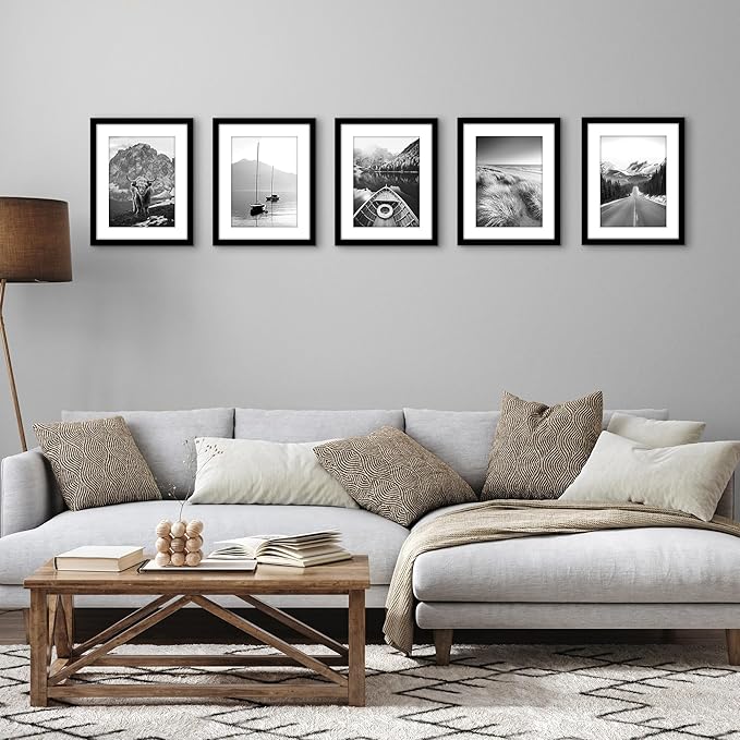 Americanflat 11x14 Picture Frame with Polished Plexiglass - Set of 5 - Use as 8x11 Frame with Mat or Display 11x14 Photo Without Mat - Galleria Collection - Picture Frames for Wall Display - Black