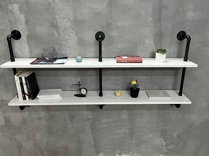 Industrial Pipe Shelving Rustic White Pipe Wall Shelves Industrial Shelves with Wood Planks Floating Shelves 60 Inch Farmhouse Bathroom,Kitchen Shelving Wall Mounted