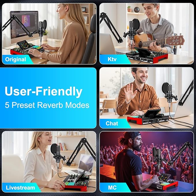 tenlamp Podcast Microphone Bundle with Live Sound Board Audio Mixer, Podcast Equipment Bundle with 3.5mm Boom Mic(P15) for Pc/Phone Live Streaming Singing Gaming, Voice Changer, Denoise