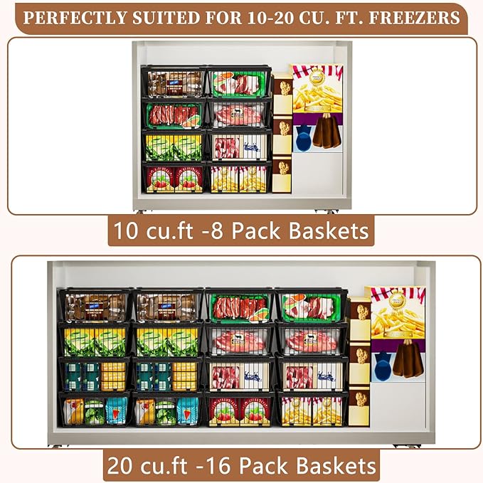 Large Freezer Organizer Bins，Upgraded Bottom Leak-Proof net，Fit 10 to 20 Cu.Ft Deep Freezer，3 Pack， Expandable Stackable Chest Freezer Organizer Bins , for Fridge, Deep Freezer, Cabinet