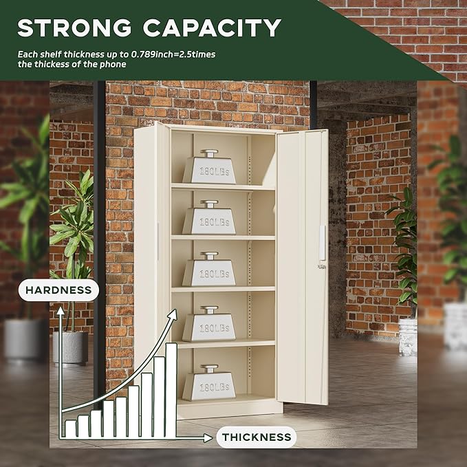 Greenvelly Metal Storage Cabinet, 72" Locking Metal Garage Storage Cabinet with Doors and 4 Adjustable Shelves, Lockable Steel Cabinet for Home Office, Garage, Shop, School (Grey 32" W x 16" D)