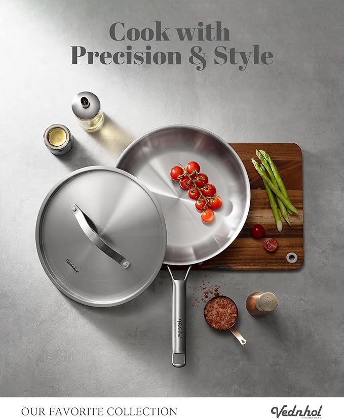 Stainless Steel Frying Pan Set with Lids 8+10+12 Inch,Tri-Ply Stainless Steel Skillets,Brushed Steel Pans with Stainless Steel Lids,Oven&Dishwasher Safe,Induction Compatible