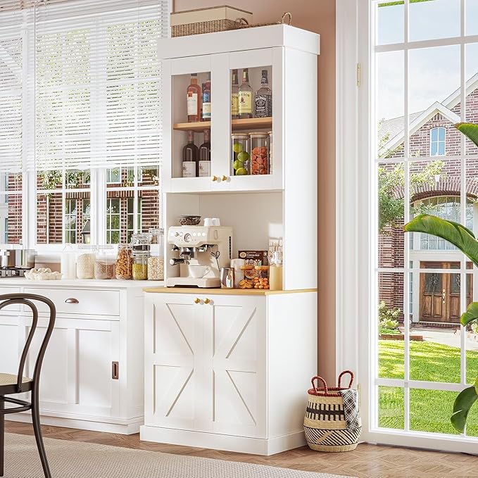 Vyre 71" Farmhouse Kitchen Pantry Cabinet Set of 3, White Freestanding Coffee Bar Hutch with Glass Doors & Adjustable Shelves, Large Storage Cabinet with Microwave Stand for Living Room & Kitchen