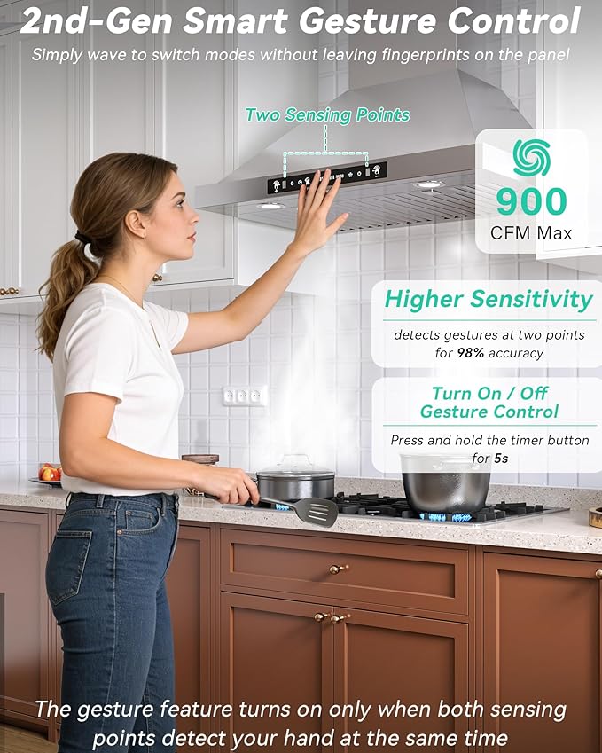 36 inch Stainless Steel Wall Mount Range Hood - 900 CFM, Gesture Control, Ultra-Quiet 4-Speed Vent, LED Lights, Ducted/Ductless Convertible