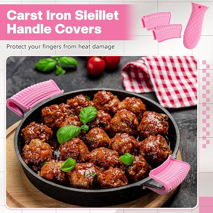 Patelai 8 Pcs Silicone Pot Holders Cast Iron Handle Cover Heat Resistant Pot Handle Covers Potholder Non Slip Reusable Pan Sleeve for Frying Pan Kitchen Supplies(Pink)