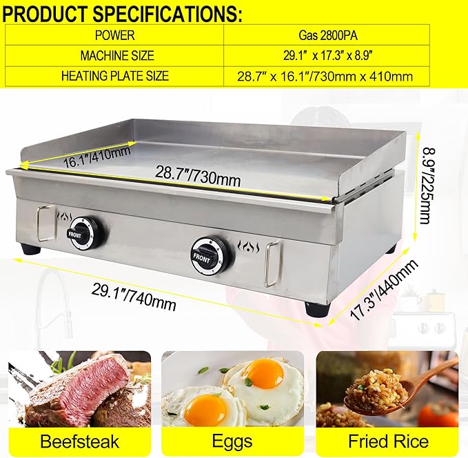 TECHTONGDA LPG Gas Countertop Flat Top Griddle Commercial Stainless Steel Griddle Grill Hot Plate BBQ Teppanyaki Grill with Adjustable Temperature Control for Restaurant Kitchen 2800Pa 28.94x16.14 in
