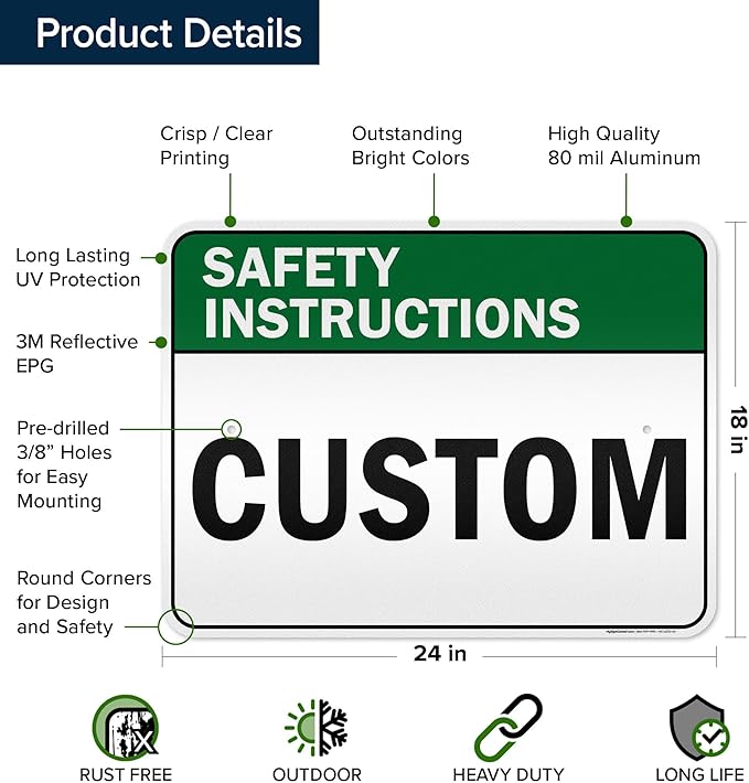 Custom Safety Instructions Sign, Ansi Sign, Osha Compliant, 18x24 Inches, 3M EGP Reflective, Rust Free .080 Aluminum, Fade Resistant, Made in USA by My Sign Center